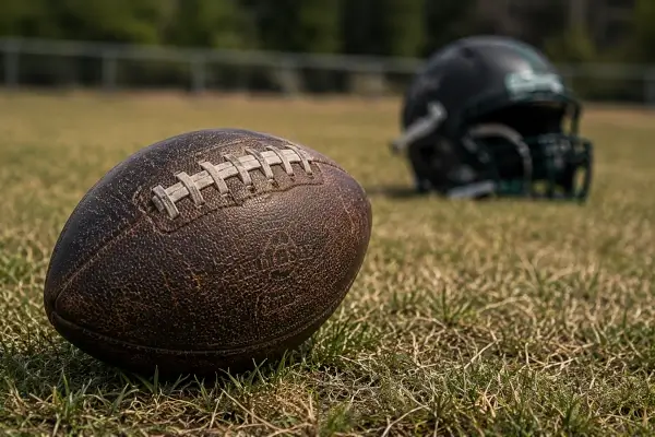 Football and helmet on field